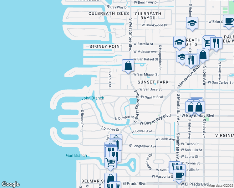 map of restaurants, bars, coffee shops, grocery stores, and more near 4819 West Sunset Boulevard in Tampa