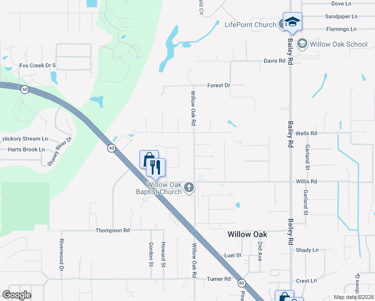 map of restaurants, bars, coffee shops, grocery stores, and more near 3724 Willow Oak Road in Mulberry