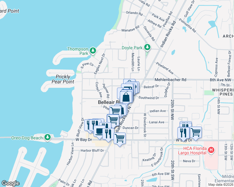 map of restaurants, bars, coffee shops, grocery stores, and more near 628 Lois Lane in Belleair Bluffs