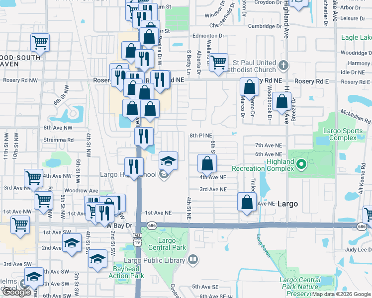 map of restaurants, bars, coffee shops, grocery stores, and more near 658 Poinsettia Drive in Largo