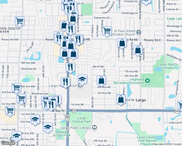 map of restaurants, bars, coffee shops, grocery stores, and more near 658 Poinsettia Drive in Largo