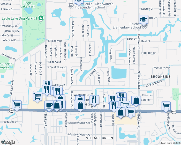 map of restaurants, bars, coffee shops, grocery stores, and more near 632 Shore Drive in Largo