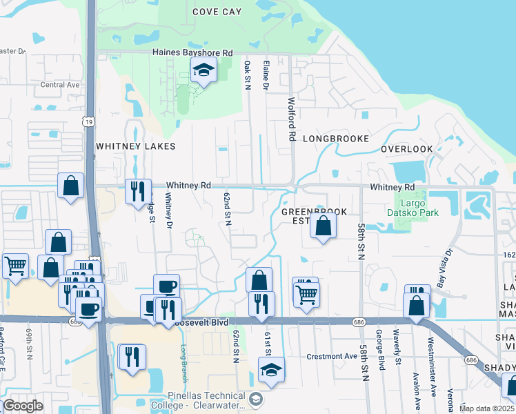 map of restaurants, bars, coffee shops, grocery stores, and more near 2034 Branch Creek Avenue in Clearwater