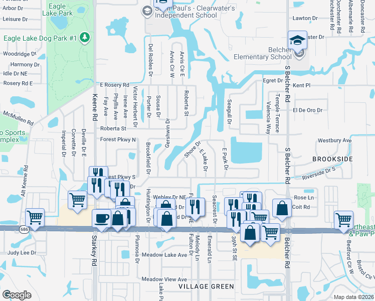 map of restaurants, bars, coffee shops, grocery stores, and more near 616 Shore Drive in Largo
