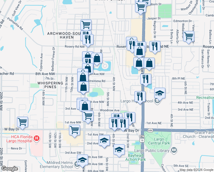 map of restaurants, bars, coffee shops, grocery stores, and more near 408 6th Avenue Northwest in Largo