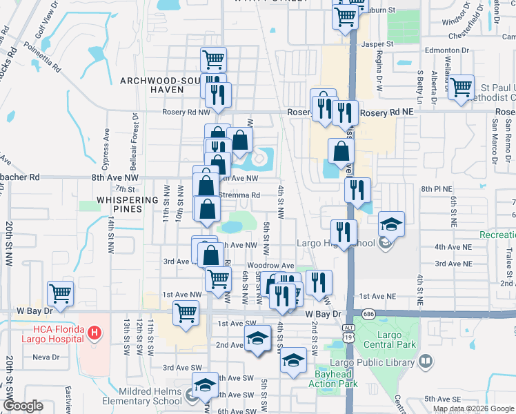 map of restaurants, bars, coffee shops, grocery stores, and more near 618 Arrandale Avenue in Largo