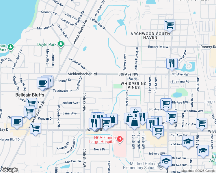 map of restaurants, bars, coffee shops, grocery stores, and more near 616 Heritage Lane in Largo