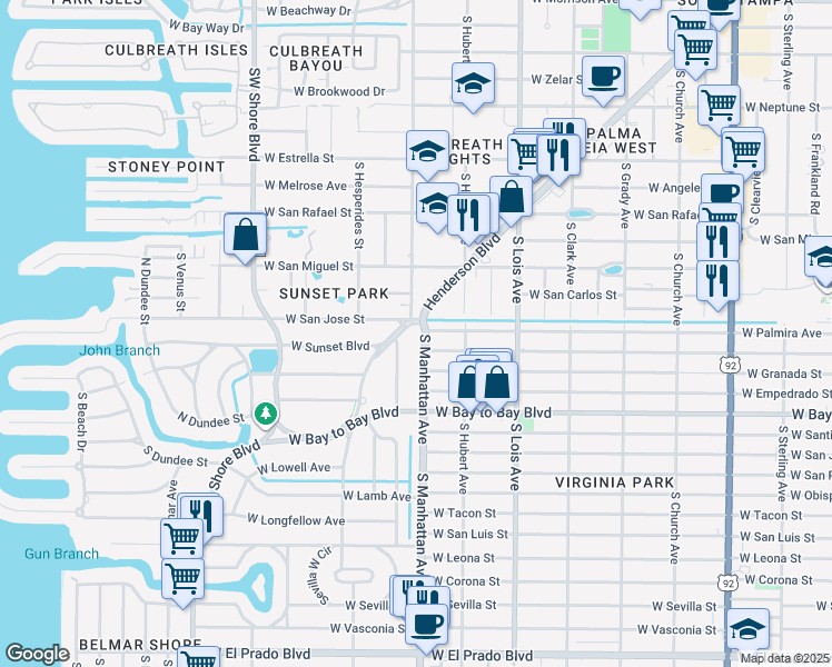 map of restaurants, bars, coffee shops, grocery stores, and more near 2601 South Manhattan Avenue in Tampa