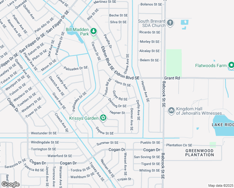 map of restaurants, bars, coffee shops, grocery stores, and more near 1461 Goyer Road Southeast in Palm Bay