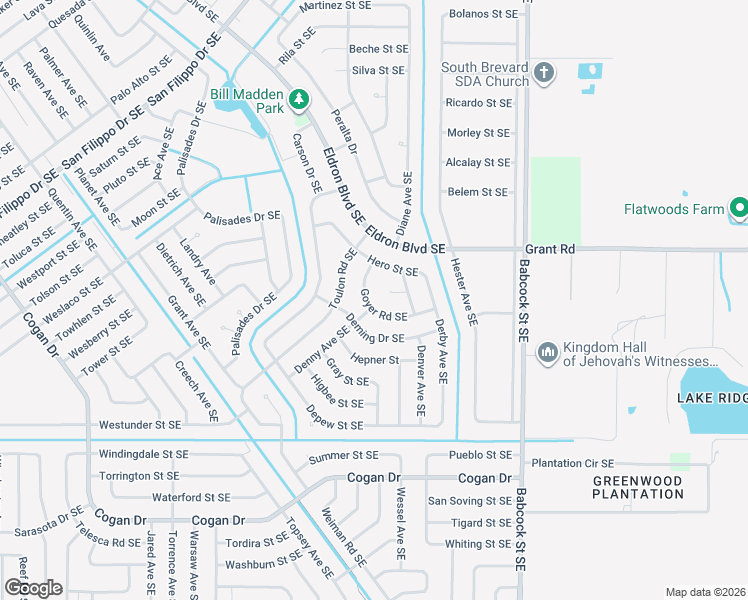 map of restaurants, bars, coffee shops, grocery stores, and more near 1461 Goyer Road Southeast in Palm Bay