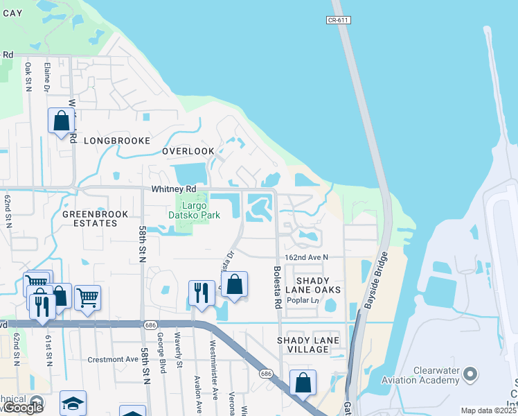 map of restaurants, bars, coffee shops, grocery stores, and more near 16401-16499 Bay Vista Drive in Clearwater