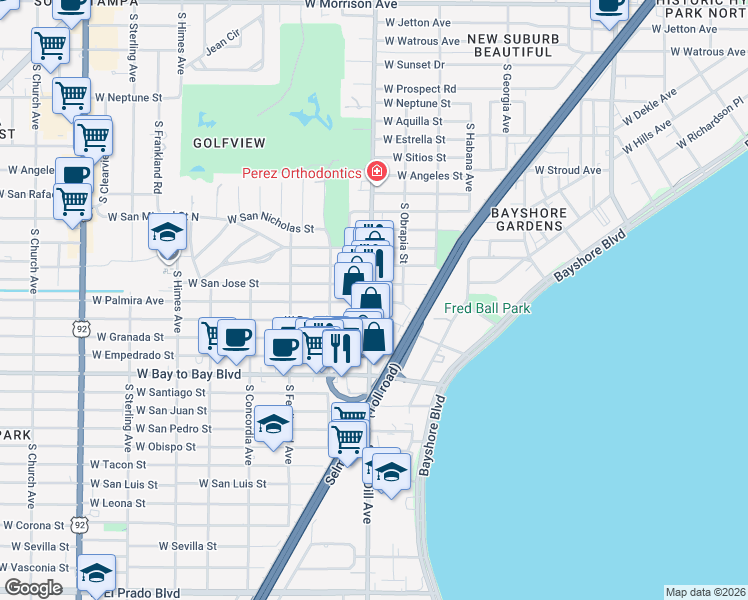 map of restaurants, bars, coffee shops, grocery stores, and more near 3104 West Palmira Avenue in Tampa