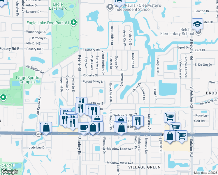 map of restaurants, bars, coffee shops, grocery stores, and more near 680 Brookfield Drive in Largo