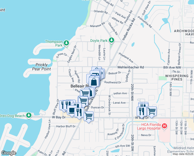 map of restaurants, bars, coffee shops, grocery stores, and more near 123 Antique Alley in Belleair Bluffs