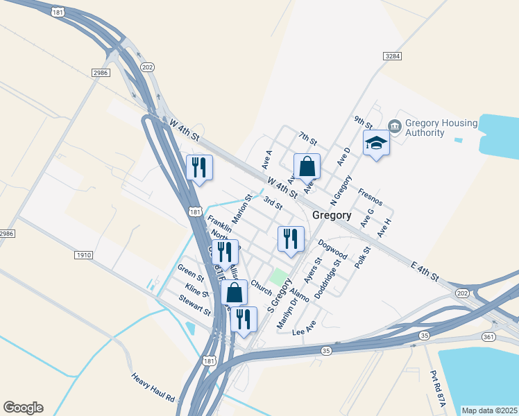 map of restaurants, bars, coffee shops, grocery stores, and more near 502 2nd Street in Gregory