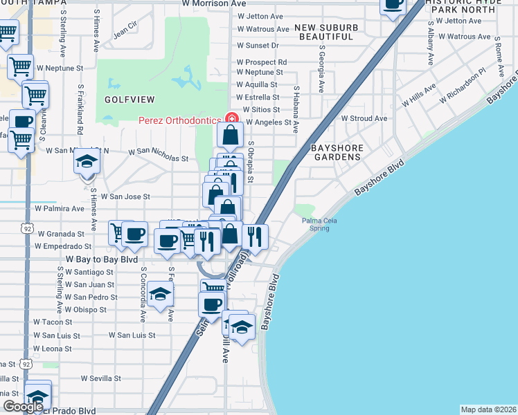 map of restaurants, bars, coffee shops, grocery stores, and more near 2909 West Barcelona Street in Tampa