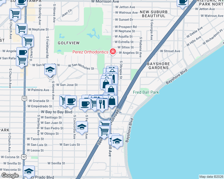 map of restaurants, bars, coffee shops, grocery stores, and more near 3104 West Palmira Avenue in Tampa