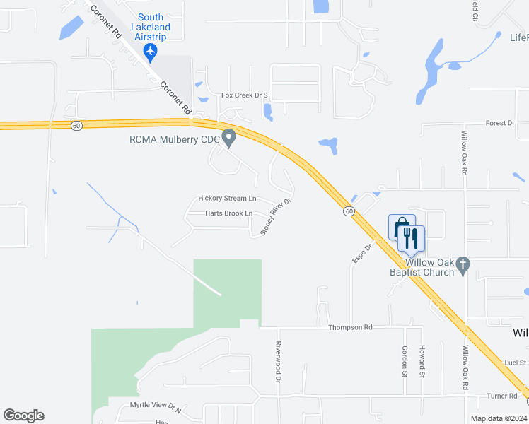 map of restaurants, bars, coffee shops, grocery stores, and more near 4609 Harts Brook Lane in Mulberry