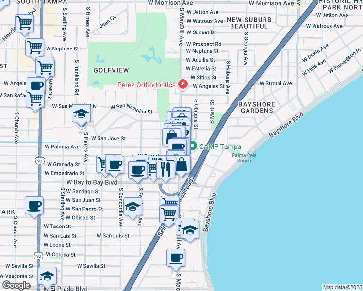 map of restaurants, bars, coffee shops, grocery stores, and more near 3104 West Palmira Avenue in Tampa