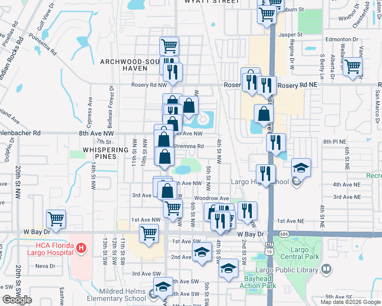 map of restaurants, bars, coffee shops, grocery stores, and more near 618 Arrandale Avenue in Largo
