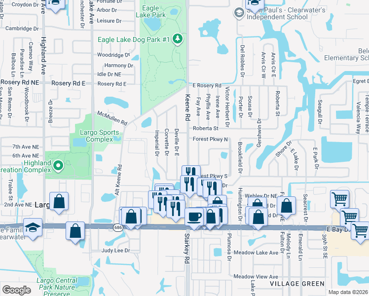 map of restaurants, bars, coffee shops, grocery stores, and more near 672 Keene Road in Largo