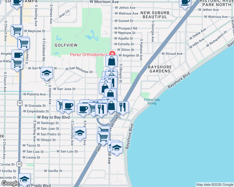 map of restaurants, bars, coffee shops, grocery stores, and more near 3010 West Palmira Avenue in Tampa