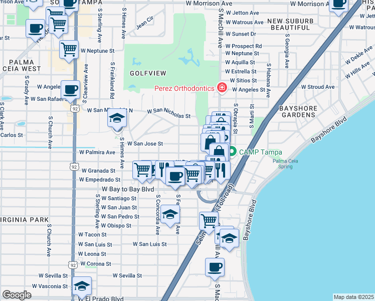 map of restaurants, bars, coffee shops, grocery stores, and more near 3201 West Palmira Avenue in Tampa