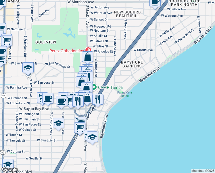 map of restaurants, bars, coffee shops, grocery stores, and more near 2909 West Barcelona Street in Tampa