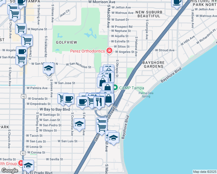 map of restaurants, bars, coffee shops, grocery stores, and more near 3104 West Palmira Avenue in Tampa