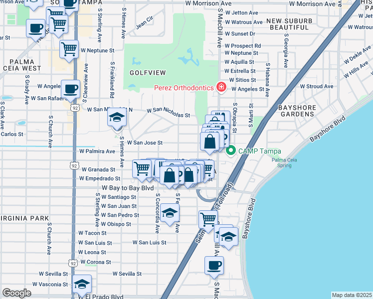 map of restaurants, bars, coffee shops, grocery stores, and more near 3222 West Palmira Avenue in Tampa