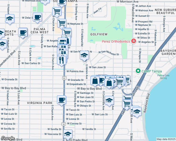 map of restaurants, bars, coffee shops, grocery stores, and more near 3517 West Palmira Avenue in Tampa