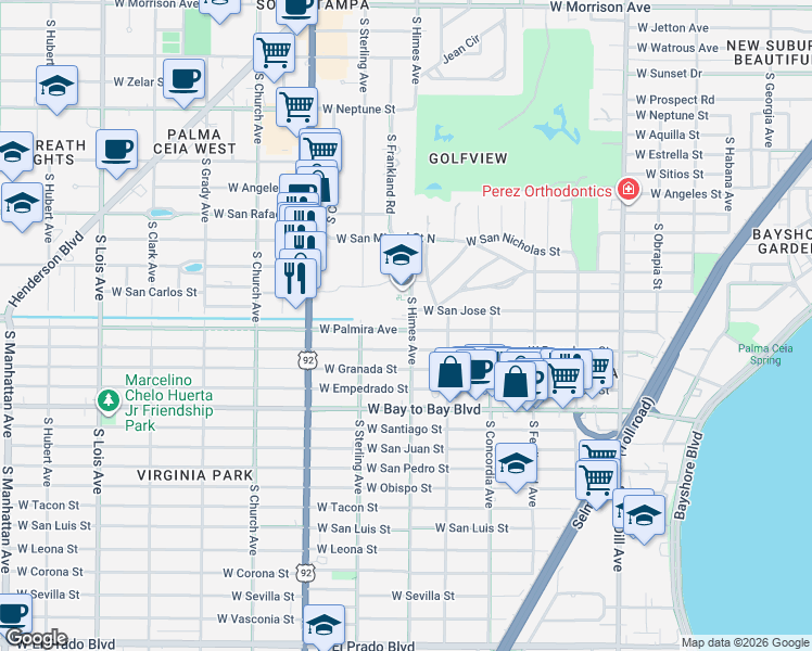 map of restaurants, bars, coffee shops, grocery stores, and more near 3517 West Palmira Avenue in Tampa