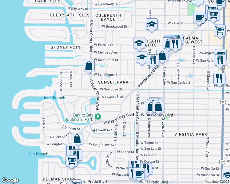 map of restaurants, bars, coffee shops, grocery stores, and more near 4611 West Sunset Boulevard in Tampa