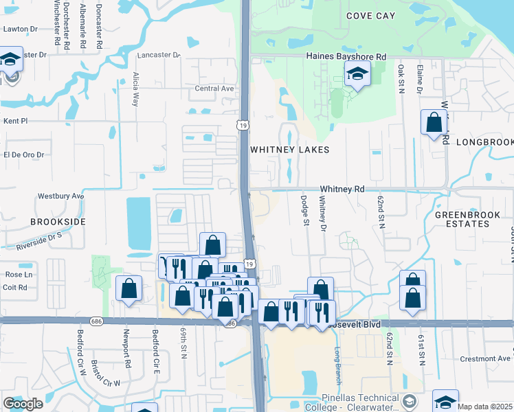 map of restaurants, bars, coffee shops, grocery stores, and more near 16485 US Highway 19 North in Clearwater