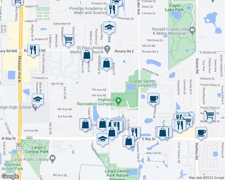 map of restaurants, bars, coffee shops, grocery stores, and more near 679 Brook Street Northeast in Largo
