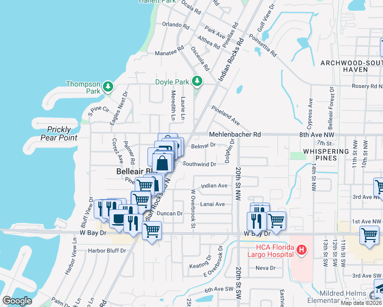 map of restaurants, bars, coffee shops, grocery stores, and more near 675 North Indian Rocks Road in Belleair Bluffs