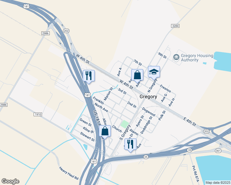 map of restaurants, bars, coffee shops, grocery stores, and more near 502 2nd Street in Gregory