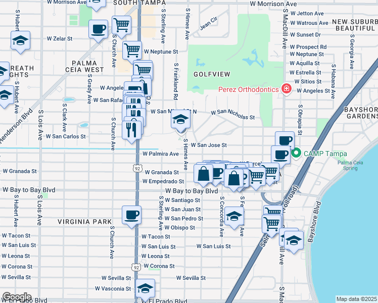map of restaurants, bars, coffee shops, grocery stores, and more near 3517 West Palmira Avenue in Tampa