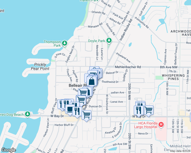 map of restaurants, bars, coffee shops, grocery stores, and more near 123 Antique Alley in Belleair Bluffs