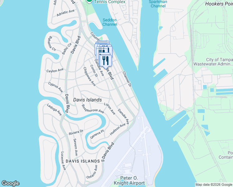 map of restaurants, bars, coffee shops, grocery stores, and more near 509 Danube Avenue in Tampa