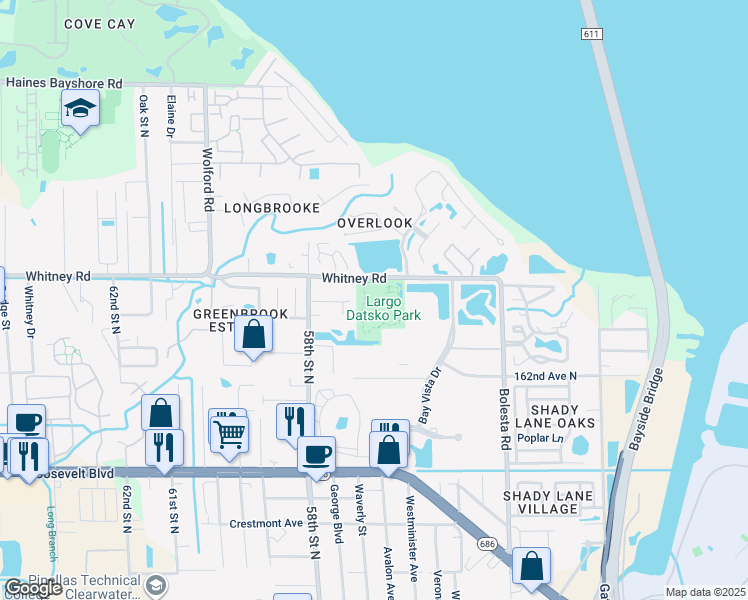 map of restaurants, bars, coffee shops, grocery stores, and more near 3200 Whitney Road in Clearwater