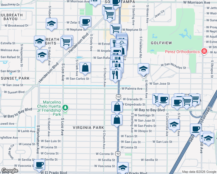 map of restaurants, bars, coffee shops, grocery stores, and more near 3821 West Palmira Avenue in Tampa