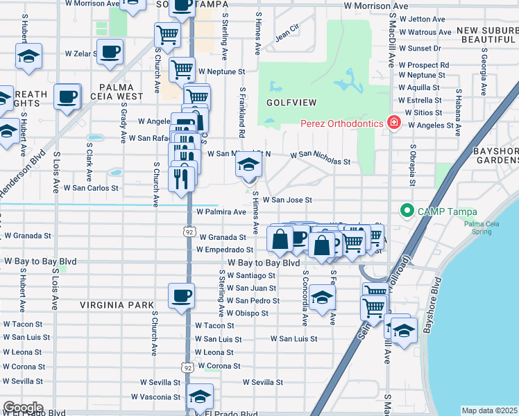 map of restaurants, bars, coffee shops, grocery stores, and more near 3517 West Palmira Avenue in Tampa