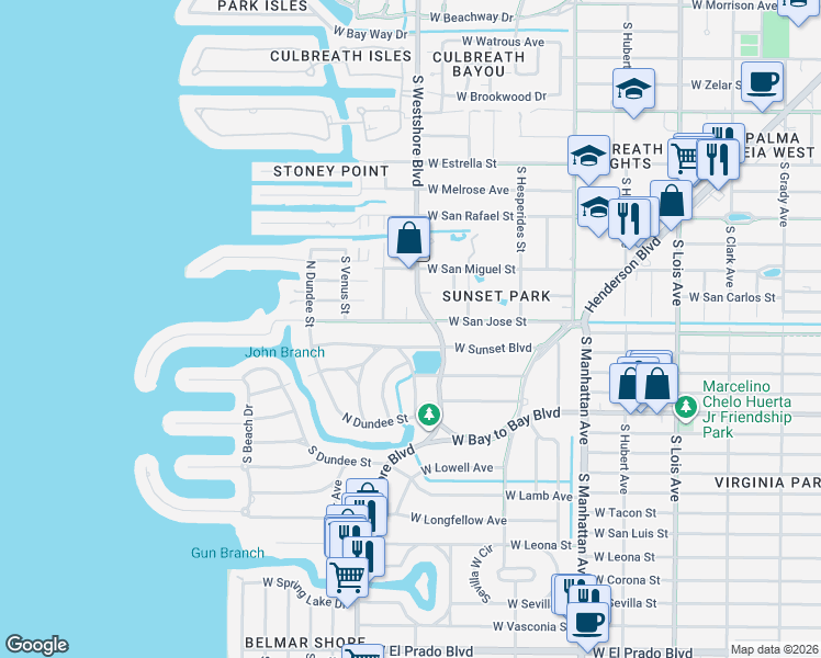 map of restaurants, bars, coffee shops, grocery stores, and more near 4801 West Sunset Boulevard in Tampa