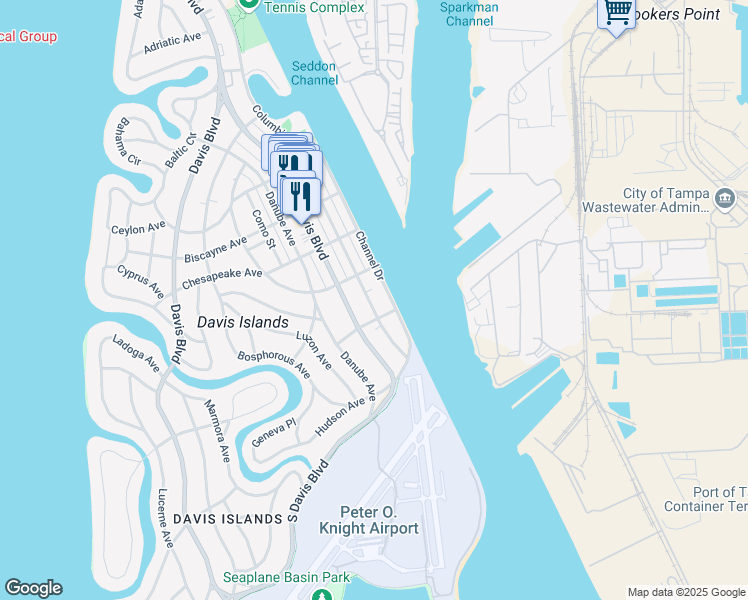 map of restaurants, bars, coffee shops, grocery stores, and more near 515 Columbia Drive in Tampa