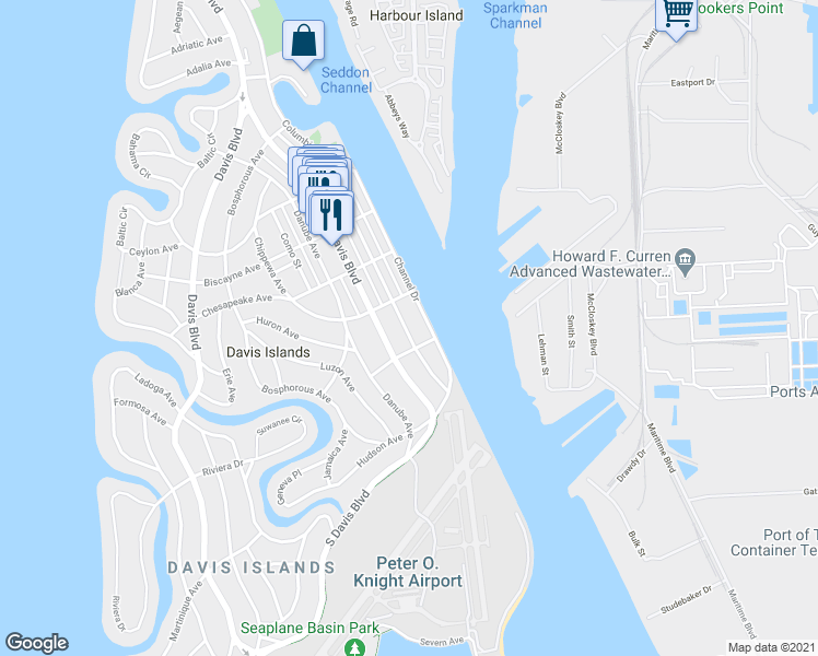 map of restaurants, bars, coffee shops, grocery stores, and more near 515 Columbia Drive in Tampa