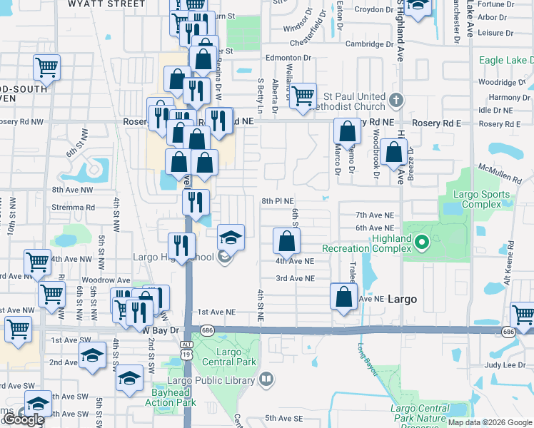 map of restaurants, bars, coffee shops, grocery stores, and more near 658 Poinsettia Drive in Largo