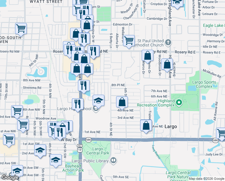 map of restaurants, bars, coffee shops, grocery stores, and more near 658 Poinsettia Drive in Largo