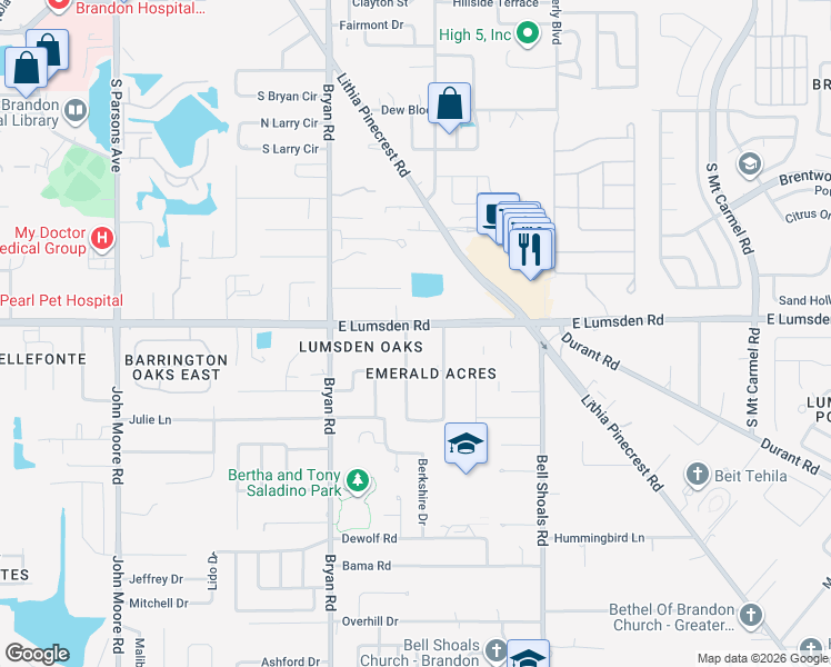 map of restaurants, bars, coffee shops, grocery stores, and more near 731 East Lumsden Road in Brandon