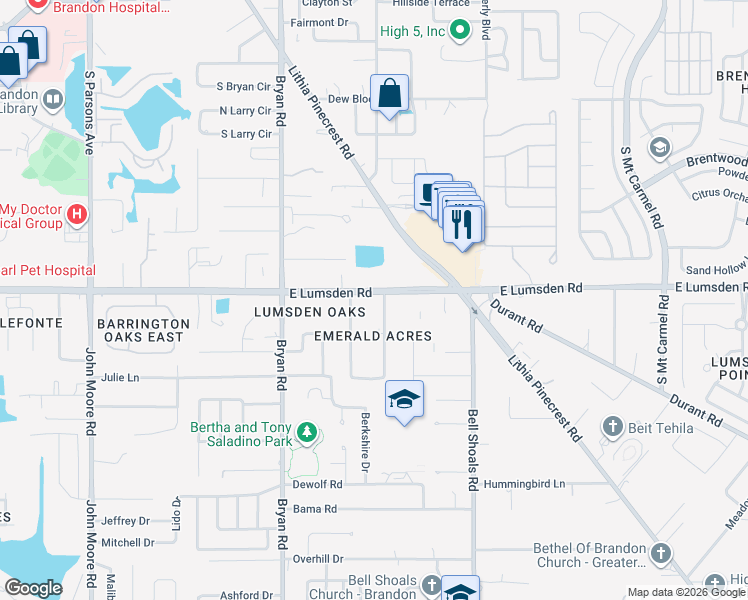 map of restaurants, bars, coffee shops, grocery stores, and more near 731 East Lumsden Road in Brandon